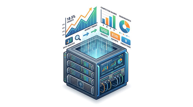 Isometric server rack visualizing financial data analytics and market growth trends digital computing infrastructure