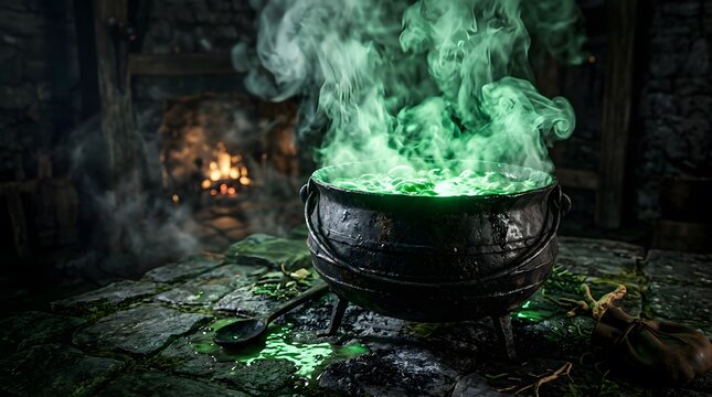 Happy halloween with a new colorful concept featuring a magical bubbling witch cauldron with glowing green smoke