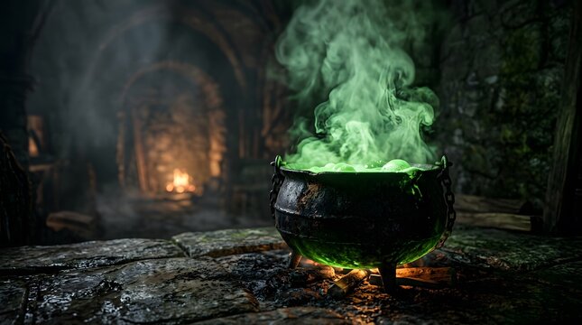 Happy halloween new colorful concept featuring a magical witch cauldron with glowing green smoke in a dark dungeon