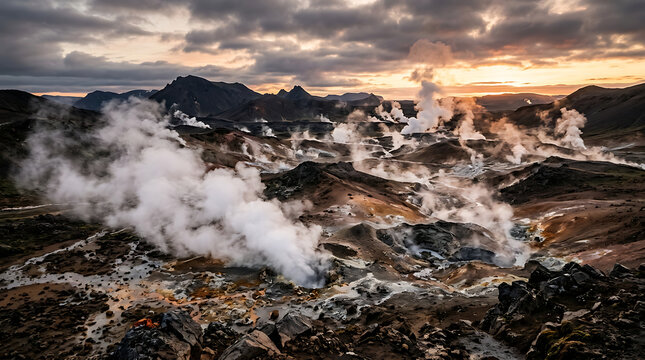 Stunning geothermal landscape in Iceland with active hot springs, steam vents, and dramatic volcanic mountains at sunset