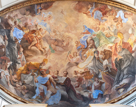 Florence - The fresco of Glory of Holy Trinity and the saints from Florence in chruch Chiesa di San Filippo Neri by Niccol&ograve; Lapi (1667 &ndash; 1732)