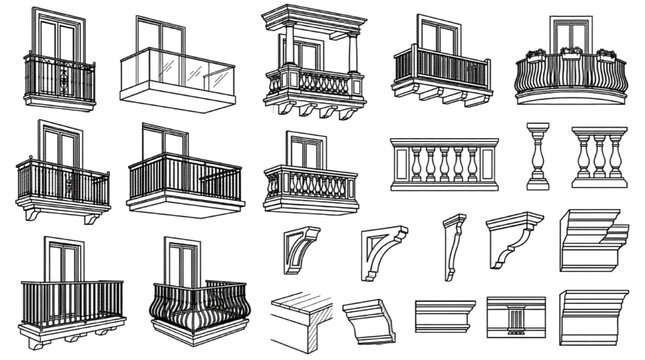 Isometric Architectural CAD Block Collection with Balcony Railing Details