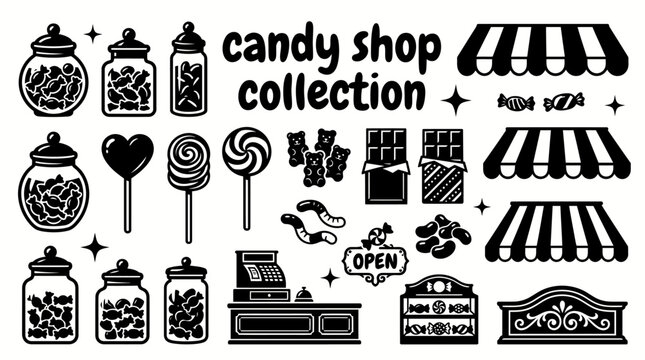 candy shop elements featuring lollipops gummies chocolate bars jellybeans candy jars striped awnings checkout counters and decorative storefront set for confectionery retail and branding projects