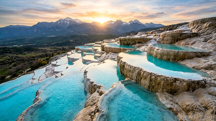 Fototapeta premium Pamukkale Travertines A Natural Wonder of Turquoise Pools and Snow-White Terraces in Turkey