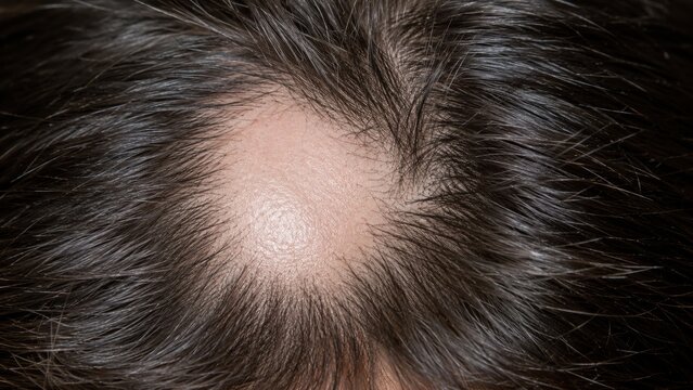 Close-up of scalp with bald spot surrounded by dark hair showing hair thinning condition