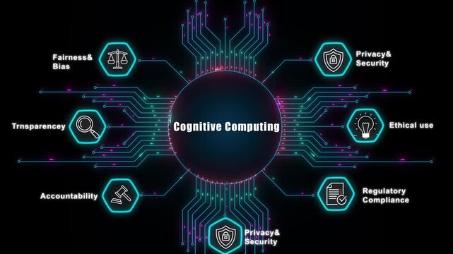 Cognitive computing architecture for corporate intelligence, integrating ethical standards like transparency and fairness within a secure digital network animation.
