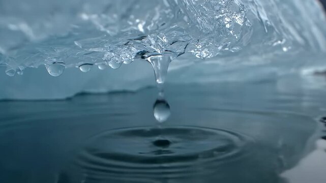 Documentary-style close-up of water droplets melting from a blue glacier ice edge. This factual, calm clip is perfect for climate change documentaries, environmental awareness, and global warming.