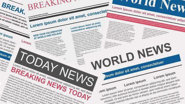 Animation of the latest world news newspapers being tossed randomly and overlapping. Suitable for world news footage and backgrounds.