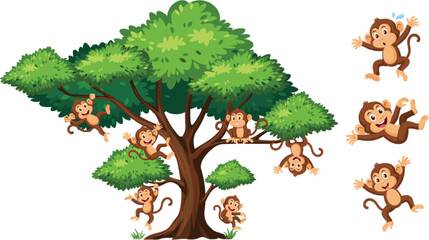 Cute cartoon monkey collection, playful jungle primates climbing tree branches for children wildlife vector illustration design set © Ara