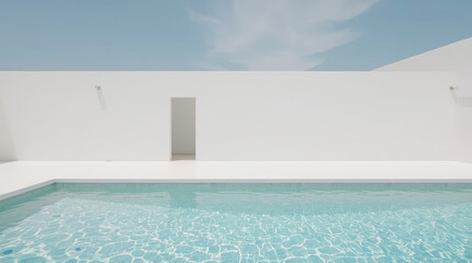 Fototapeta premium Minimalist luxury pool villa calm pool clean blue sky serene modern courtyard