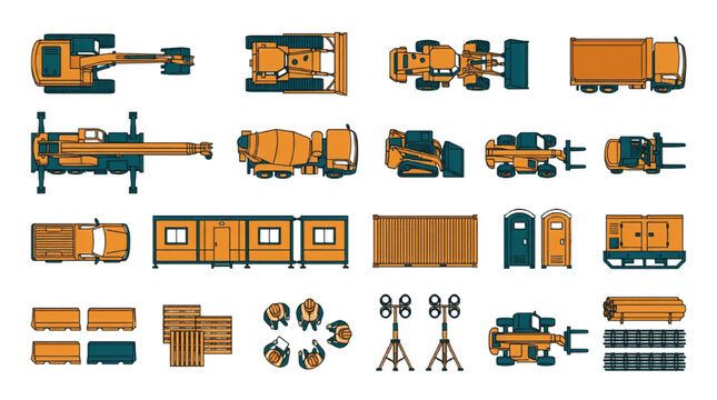 Construction Site Machinery CAD Block Collection with Top View Equipment