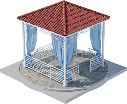 Isometric garden gazebo pavilion, elegant outdoor canopy with curtains for wedding event park vector illustration architecture design