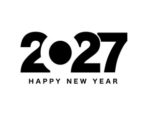 Happy New Year 2027 typography text design. Black and white bold stylized numbers with thick white outline cutout effect isolated on black background. Vector illustration for holiday greeting card © Raj Studio 