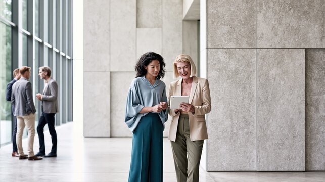 Two businesswomen discussing work while using digital tablet in modern office hallway
