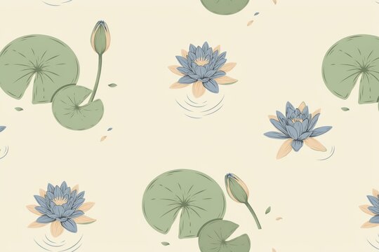 Seamless pattern featuring blue water lily flowers, green lily pads, and closed flower buds floating on a light cream background surface