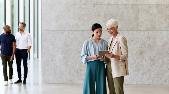 Diverse business professionals reviewing digital tablet while collaborating in modern corporate office and discussing business strategy