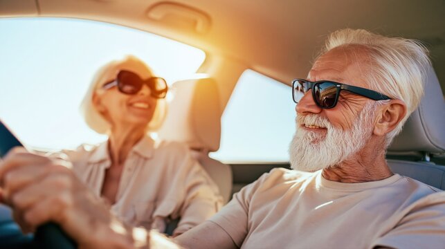 Happy senior couple enjoying summer road trip while driving car together during active retirement vacation travel