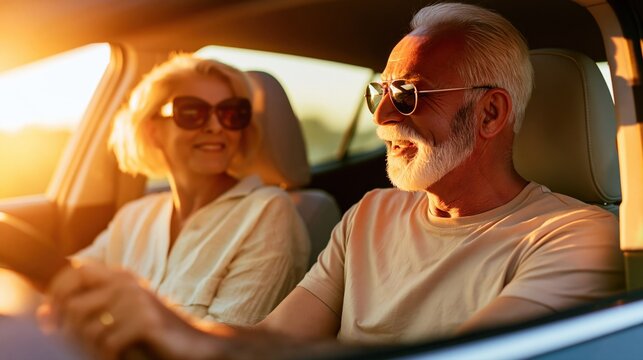 Smiling senior man driving car with wife during summer road trip enjoying active retirement lifestyle and vacation travel
