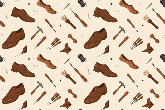 Seamless pattern featuring brown leather shoes, shoemaker tools, hammers, awls, brushes, thread spools, and leather scraps on beige