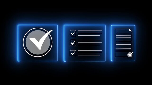 Neon digital checklist and checkmark animation, task completion and approval concept on black background