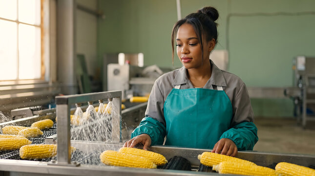 African American woman in teal apron inspects fresh corn cobs in a food processing facility with water spraying in the background