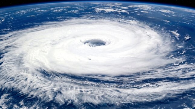 A breathtaking satellite view of a massive hurricane swirling over the blue ocean, showcasing its distinct eye and powerful cloud formations from space.