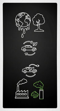 Outline icons show Earth melting, tree, electric car, and factory emissions symbolizing environmental issues and sustainable transport.