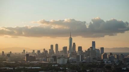 Fototapeta premium Modern downtown skyline at sunrise with warm light and soft cloud