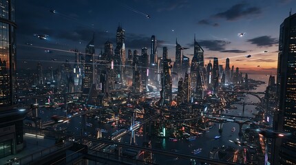 Fototapeta premium Futuristic City Skyline At Dusk With Glowing Windows And Drones