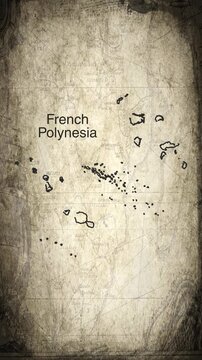 French Polynesia map animation vertical video drawn on a cartography paper background