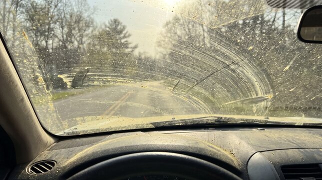 POV of a dirty car windshield heavily covered in a thick layer of yellow spring pollen