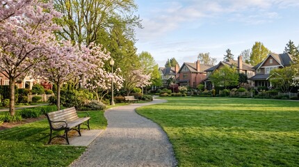 Obraz premium Peaceful Small Town Park Beside Neighborhood
