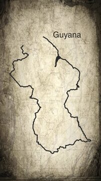 Guyana map animation vertical video drawn on a cartography paper background