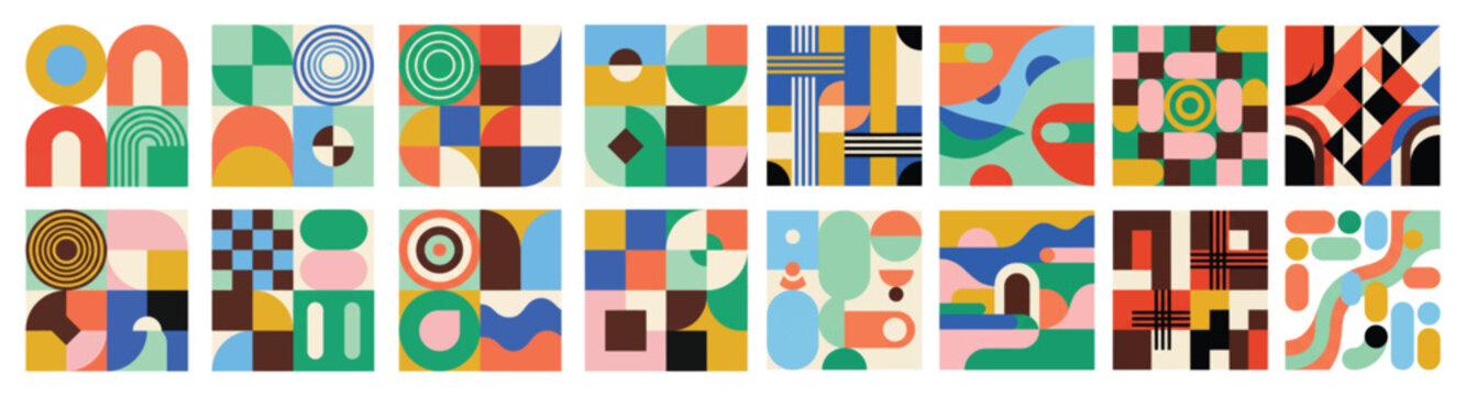 Set of colorful abstract geometric seamless pattern vector illustrations isolated on white background, modern swiss style grid art, bauhaus tiles, mosaic shapes collection for poster, packaging 