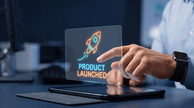 man points to glowing rocket interface on tablet to launch new product release, track startup milestone, monitor growth trajectory, manage innovation pipeline, and celebrate market entry