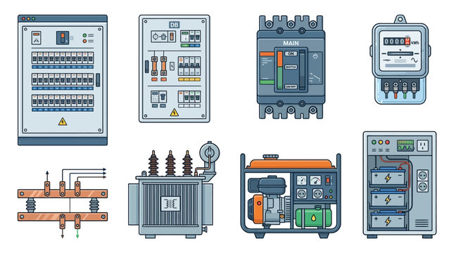 Clean illustrations of electrical panels, transformers, and generators in muted industrial tones. Perfect for educational manuals or energy sector infographics.