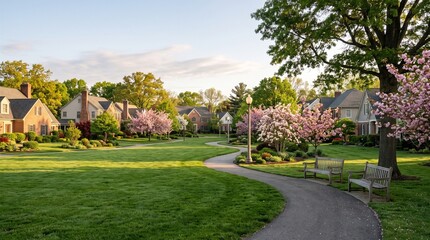Fototapeta premium Peaceful Small Town Park Beside Neighborhood