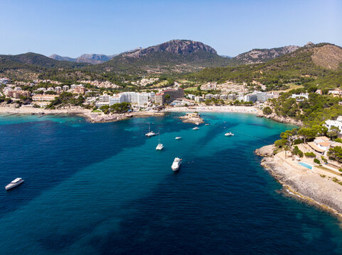 Spain, Baleares, Mallorce, Calvia region, Costa de la Calma, Aerial view of Camp de Mar