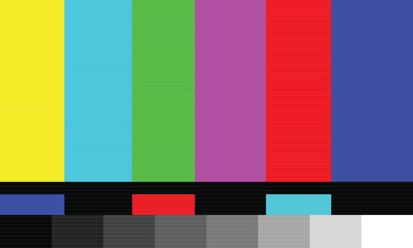 Color bar test pattern with gray scale and audio tones for television broadcast calibration