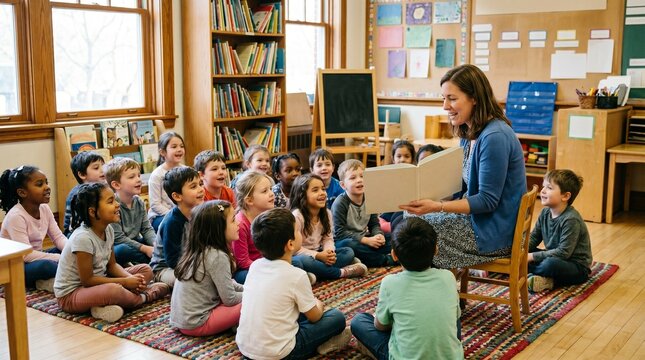 Diverse students and teacher reading storybook in bright classroom.