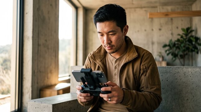 Young Asian man operating drone controller with smartphone in modern interior.