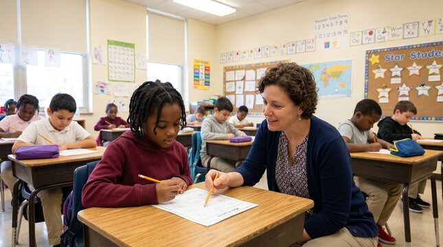 Friendly teacher assisting diverse student with math worksheet in modern classroom.