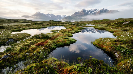 Naklejka premium Scenic mountain landscape with crystal clear reflections in tranquil ponds in Lofoten Norway