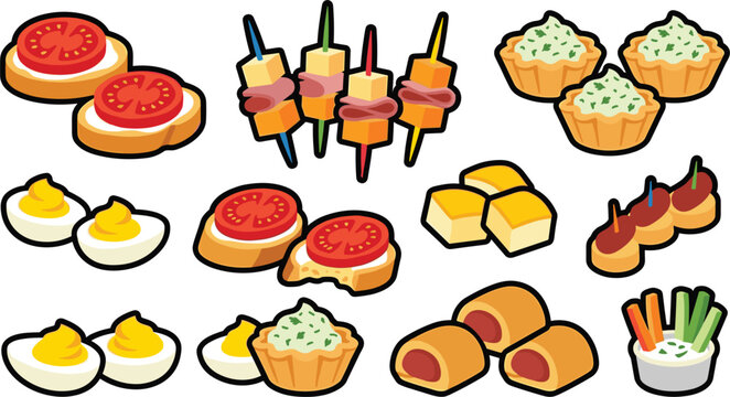 Cartoon Catering Finger Food and Appetizer Set with Tomato Bruschetta Canape Skewers Deviled Eggs Tartlets Meatballs Sausage Rolls and Veggie Sticks Vector Illustration