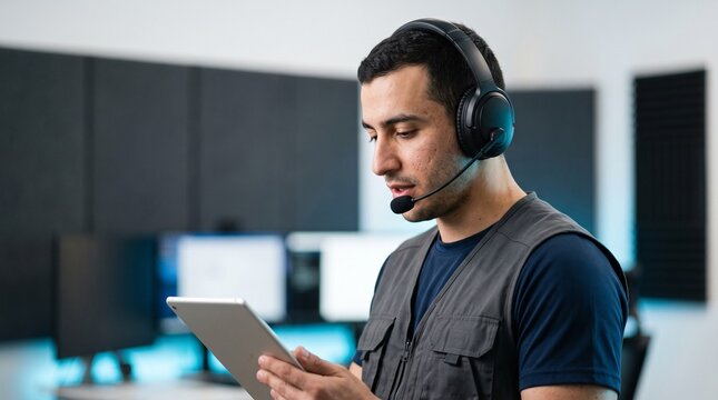 Male IT support specialist wearing headset and holding tablet in office.