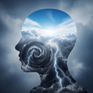 Human head silhouette with storm clouds. Mental health concept showing stress and anxiety.