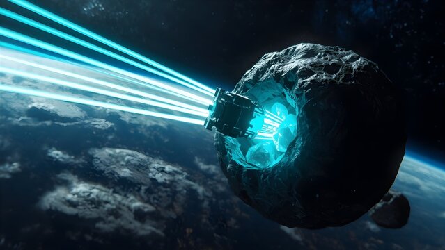 Futuristic space probe mining minerals inside an asteroid core with cyan energy laser beams