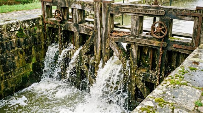 Historic Wooden Waterwheel and Sluice Gate With Flowing Water and Moss Covered Stonework