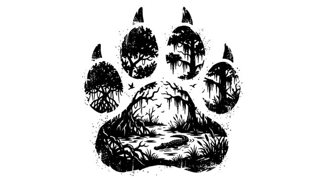 Paw Print Wildlife Ecosystem Silhouette: Alligator, Swamp, Mangrove Trees