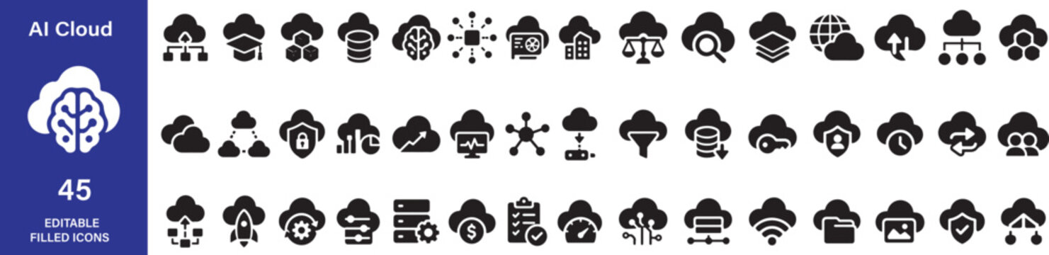 AI Cloud Filled Icon Set, Artificial Intelligence, Cloud Computing, Data Storage, Security, Network Technology Vector Collection